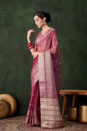Women's magenta color kahdi organza designer zari weaving work with fancy sequence saree