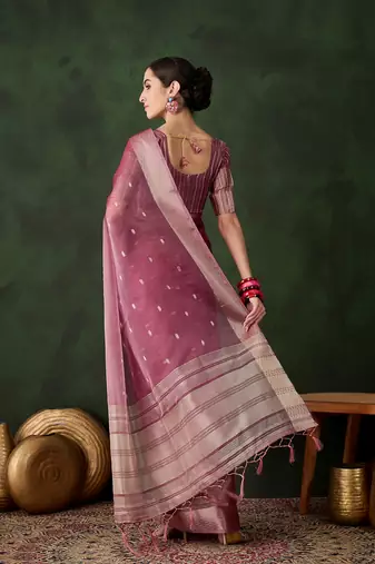 Women's magenta color kahdi organza designer zari weaving work with fancy sequence saree