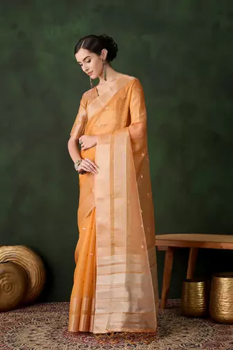 Women's orange color kahdi organza designer zari weaving work with fancy sequence saree