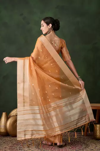 Women's orange color kahdi organza designer zari weaving work with fancy sequence saree