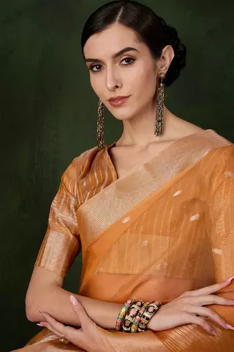 Women's orange color kahdi organza designer zari weaving work with fancy sequence saree