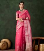 Women's pink color kahdi organza designer zari weaving work with fancy sequence saree