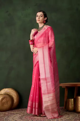 Women's pink color kahdi organza designer zari weaving work with fancy sequence saree