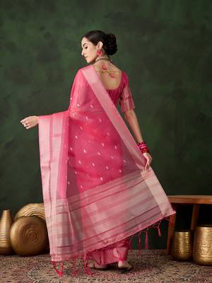 Women's pink color kahdi organza designer zari weaving work with fancy sequence saree 3