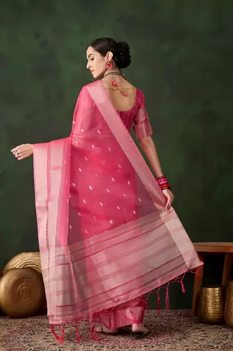 Women's pink color kahdi organza designer zari weaving work with fancy sequence saree