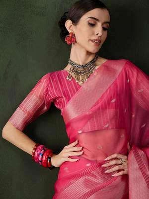 Women's pink color kahdi organza designer zari weaving work with fancy sequence saree 4