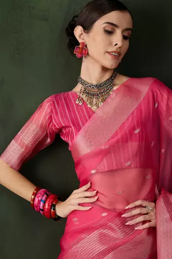 Women's pink color kahdi organza designer zari weaving work with fancy sequence saree