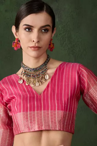 Women's pink color kahdi organza designer zari weaving work with fancy sequence saree