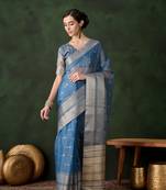 Women's teal blue color kahdi organza zari weaving work with fancy sequence saree