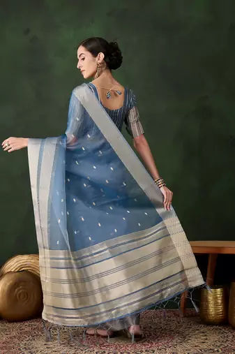 Women's teal blue color kahdi organza zari weaving work with fancy sequence saree