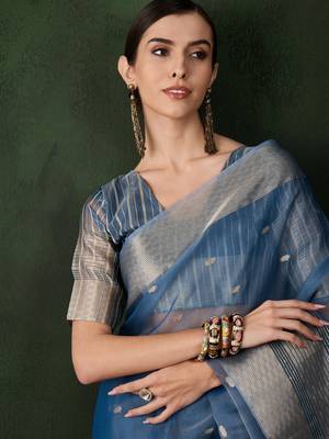 Women's teal blue color kahdi organza zari weaving work with fancy sequence saree 4