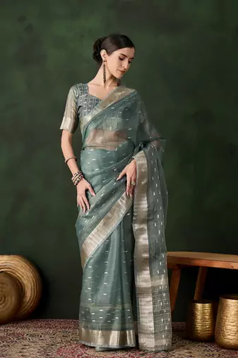 Women's green color kahdi organza designer zari weaving work with fancy sequence saree 