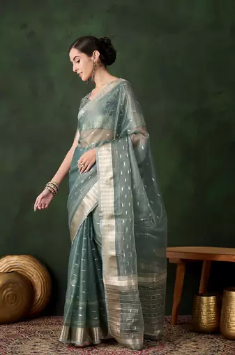 Women's green color kahdi organza designer zari weaving work with fancy sequence saree