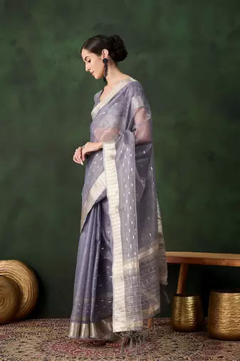Women's grey color kahdi organza designer zari weaving work with fancy sequence saree