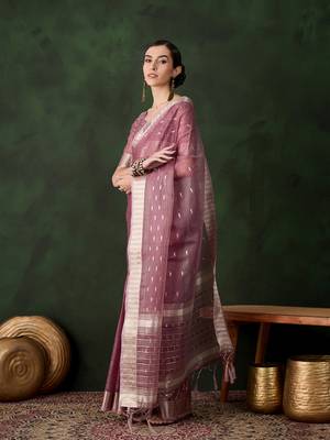 Women's magenta color kahdi organza designer zari weaving work with fancy sequence saree 2
