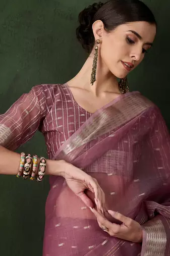 Women's magenta color kahdi organza designer zari weaving work with fancy sequence saree