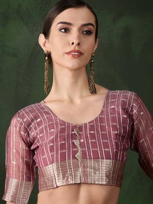 Women's magenta color kahdi organza designer zari weaving work with fancy sequence saree 5