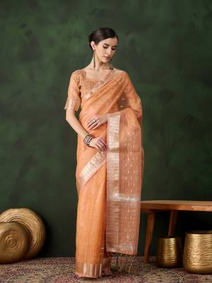 Women's peach color kahdi organza designer zari weaving work with fancy sequence saree 1