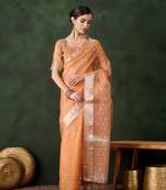Women's peach color kahdi organza designer zari weaving work with fancy sequence saree