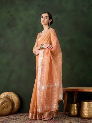 Women's peach color kahdi organza designer zari weaving work with fancy sequence saree 2