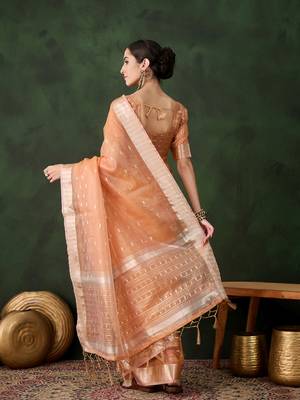 Women's peach color kahdi organza designer zari weaving work with fancy sequence saree 3