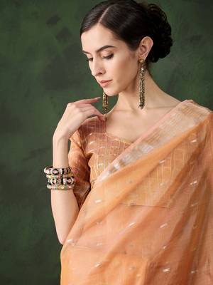 Women's peach color kahdi organza designer zari weaving work with fancy sequence saree 4