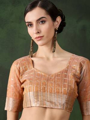 Women's peach color kahdi organza designer zari weaving work with fancy sequence saree 5