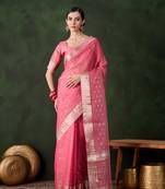Women's pink color kahdi organza designer zari weaving work with fancy sequence saree