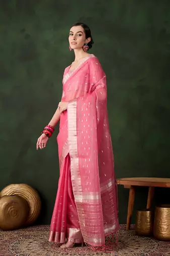 Women's pink color kahdi organza designer zari weaving work with fancy sequence saree