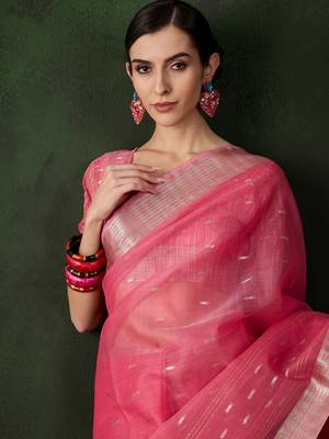 Women's pink color kahdi organza designer zari weaving work with fancy sequence saree 4