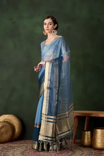 Women's blue color kahdi organza designer zari weaving work with fancy sequence saree