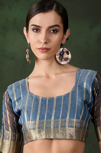 Women's blue color kahdi organza designer zari weaving work with fancy sequence saree