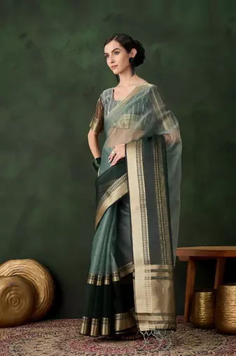 Women's green color kahdi organza designer zari weaving work with fancy sequence saree