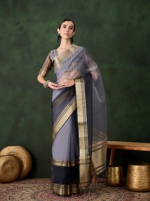 Women's grey color kahdi organza designer zari weaving work with fancy sequence saree 1