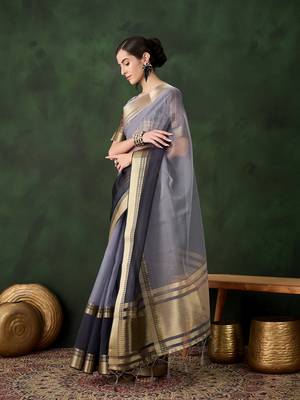 Women's grey color kahdi organza designer zari weaving work with fancy sequence saree 2