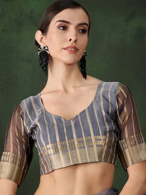 Women's grey color kahdi organza designer zari weaving work with fancy sequence saree 5