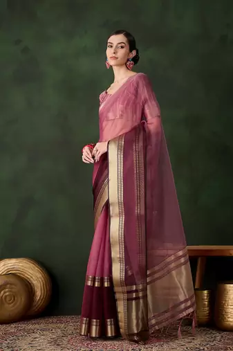 Women's wine color kahdi organza designer zari weaving work with fancy sequence saree