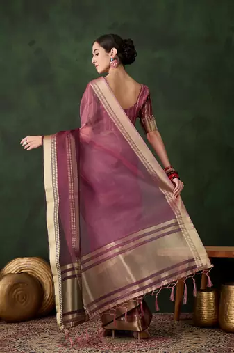 Women's wine color kahdi organza designer zari weaving work with fancy sequence saree
