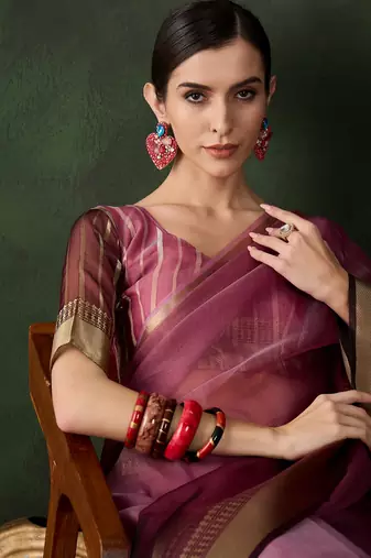 Women's wine color kahdi organza designer zari weaving work with fancy sequence saree