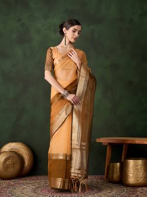 Women's yellow color kahdi organza designer zari weaving work with fancy sequence saree 1
