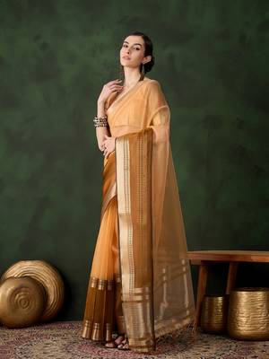 Women's yellow color kahdi organza designer zari weaving work with fancy sequence saree 2