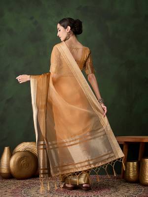 Women's yellow color kahdi organza designer zari weaving work with fancy sequence saree 3
