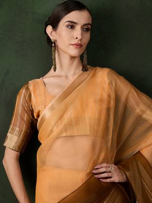 Women's yellow color kahdi organza designer zari weaving work with fancy sequence saree 4