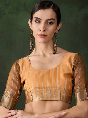 Women's yellow color kahdi organza designer zari weaving work with fancy sequence saree 5