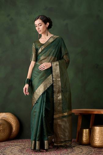 Women's green color kahdi organza stylish zari weaving work saree 