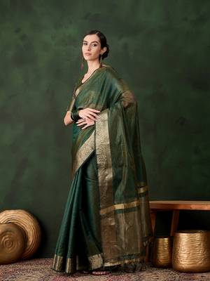 Women's green color kahdi organza stylish zari weaving work saree 2