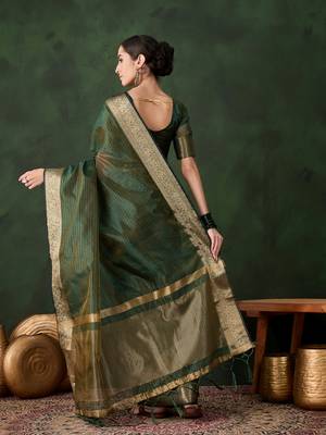 Women's green color kahdi organza stylish zari weaving work saree 3