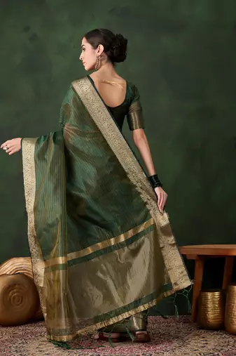 Women's green color kahdi organza stylish zari weaving work saree