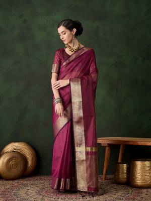 Women's magenta color kahdi organza stylish zari weaving work saree 1