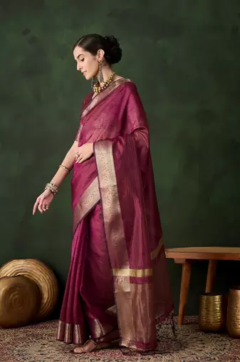Women's magenta color kahdi organza stylish zari weaving work saree